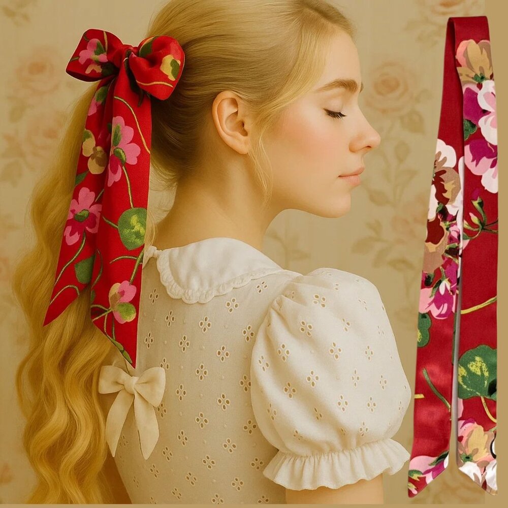 Red Floral Slim Silk Scarf 34in Satin Accessory Hat Head Ponytail Bow Purse No31